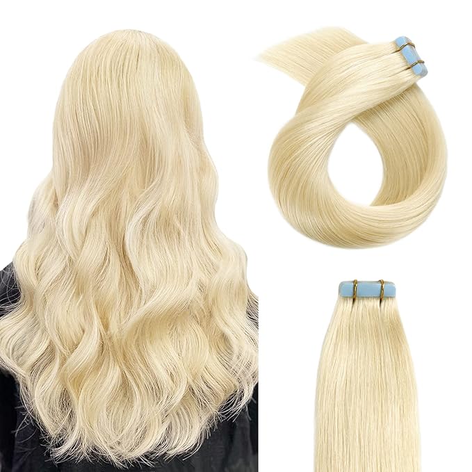 YILITE Glue in Brazilian Human Hair Blonde Tape Hair Extensions 14 Inch Skin Weft Hair Extensions Color 60 Platinum Blonde Remy Brazilian Human Hair Extension 40 Grams 20 Pcs(14inches #60)