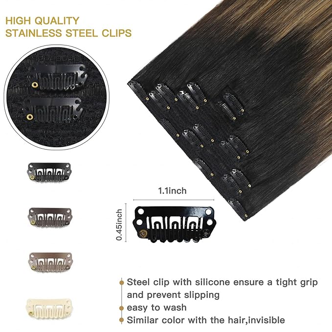 Clip in Hair Extension Black Ombre Brown Clip in Human Hair Balayage Natural Black to Chocolate Brown Mix Caramel Blonde Real Hair Extensions Lace Weft 7pcs 120g 16 Inch