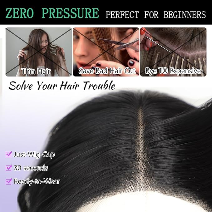 AISI HAIR 14 Inch Natural Black Wigs for Women - Shoulder Length Wave Wig with Pre-Cut Lace Hairline, Middle Part Natural Wavy Bob Synthetic Heat Resistant Fiber for Daily and Party