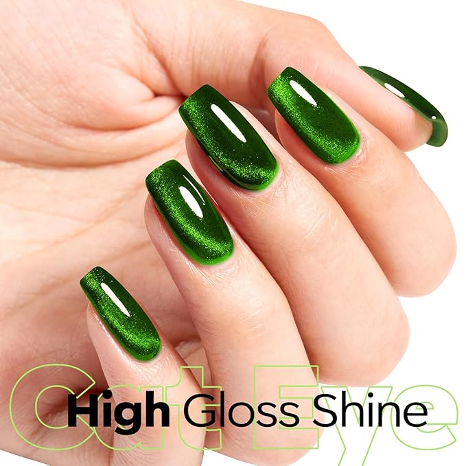 modelones Cat Eye Gel Nail Polish Green Gel Polish Jelly Glass with Magnet Holographic Glitter Shimmer Translucent Sheer Color Magnetic Christmas Nail Polish Top Coat Salon DIY at Home 15 ML
