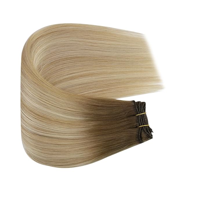 Fshine Hand Tied Weft Hair Extensions Color Chestnut Brown Fading to Honey Blonde Highlight Platinum Blonde Double Weft Hair Extensions 16 Inch 100g
