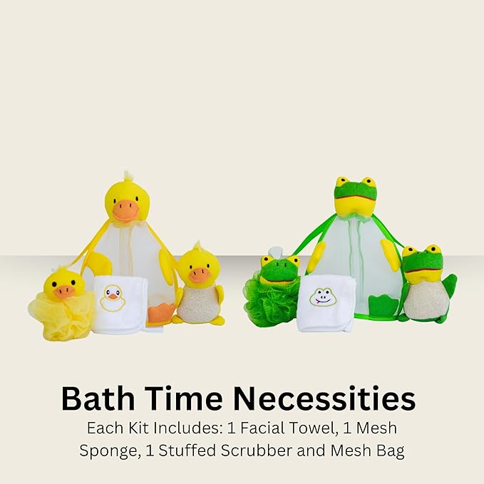Cute Bathing Travel Kit with Mesh Sponge, Facial Towel and Double Strap Bag- Cartoon Shaped Shower Poufs, Colorful Mesh Body Scrubbers for Boys and Girls, Unique Birthday Gifts, 2 Pack