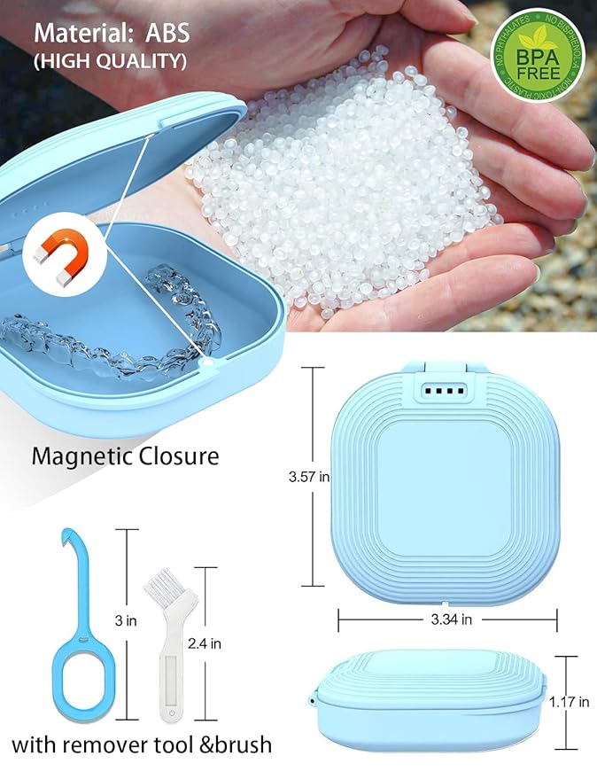HEMILAB® Retainer Case, Slim Aligner Case with Vent Holes, Compatible with Invisalign, Mouth Guard Case, Cute Retainer Case with Retainer Removal Tool and Brush, Blue