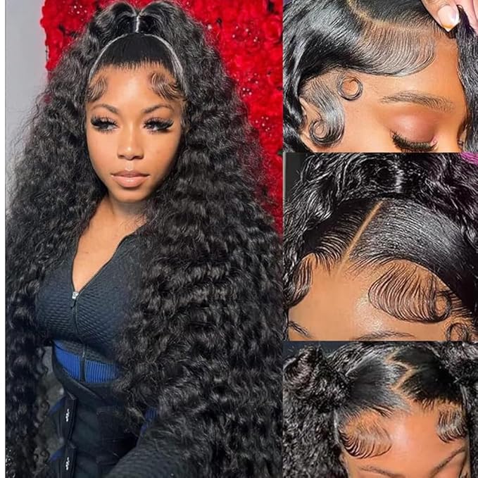 32 Inch 13x6 Deep Wave Lace Front Wigs Human Hair Wigs for Women 200 Density HD Transparent Deep Curly Lace Frontal Wigs Human Hair Pre Plucked with Baby Hair Natural Color