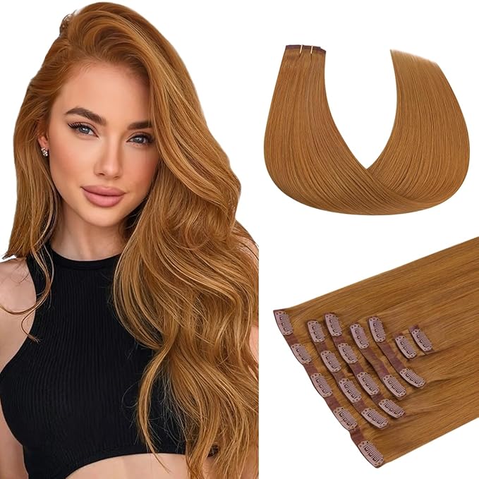 HOTBANANA Clip in Hair Extensions 24 inch 160g 7pcs Auburn Ginger Clip in Remy Human Hair Extensions Straight Hair Invisi Edge Full Head