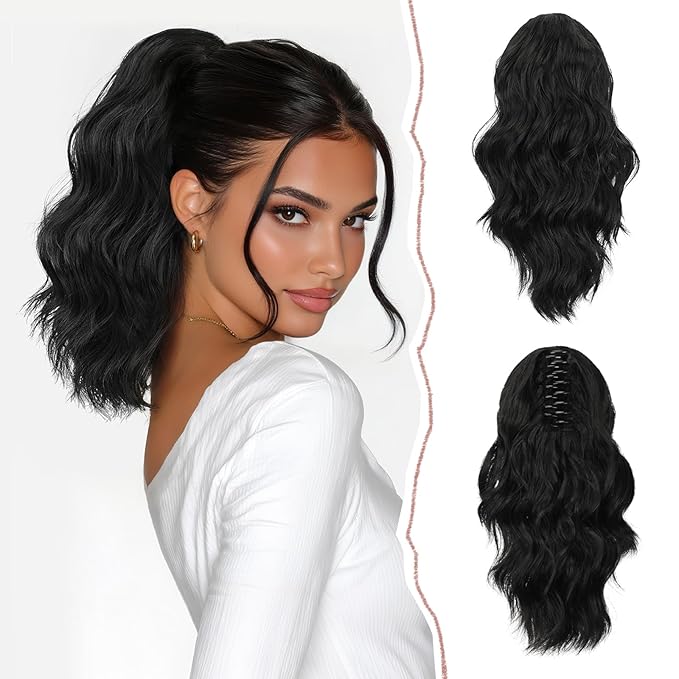 SOFEIYAN 14" Ponytail Extension, Short Wavy Claw Clip in Ponytail Hair Extension Synthetic Hairpieces Black Layered Natural Fluffy Curly Drawstring Ponytail Hair Piece for Women