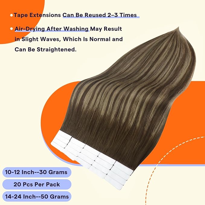 Full Shine Hair Extensions Real Human Hair Tape in 14 Inch Double Sided Tape in Hair Extensions Ombre Color 4 Fading to 24 Honey Blonde Highlight 4 Medium Brown 20PCS Remy Hair 50g for Party
