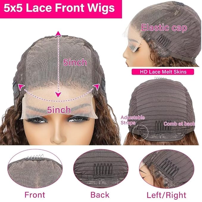 5x5 Highlight Water Wave Closure Wigs Human Hair 180% Density Curly Human Hair Wig Pre Plucked 16inch P4/27 Ombre 5x5 HD Lace Closure Wigs for Women(427curly 16inch)