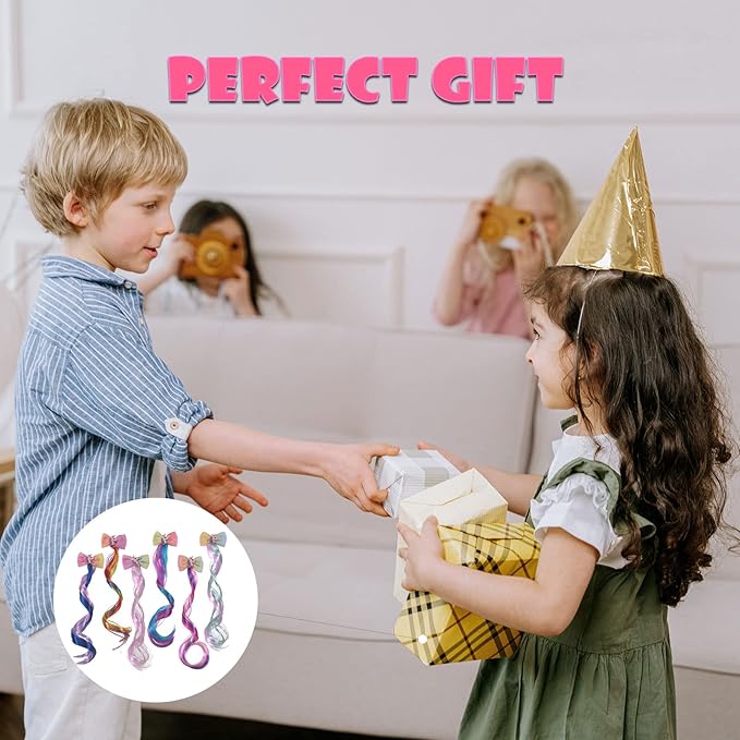 Ideal Swan 6 Set Hair Extensions Clip - Colored Straight Curly Hair Extensions for Kids Ponytails Girls, Rainbow Thick Wig Clip in Fake Bangs with Cute Unicorn Accessories (Curly Hair 02)