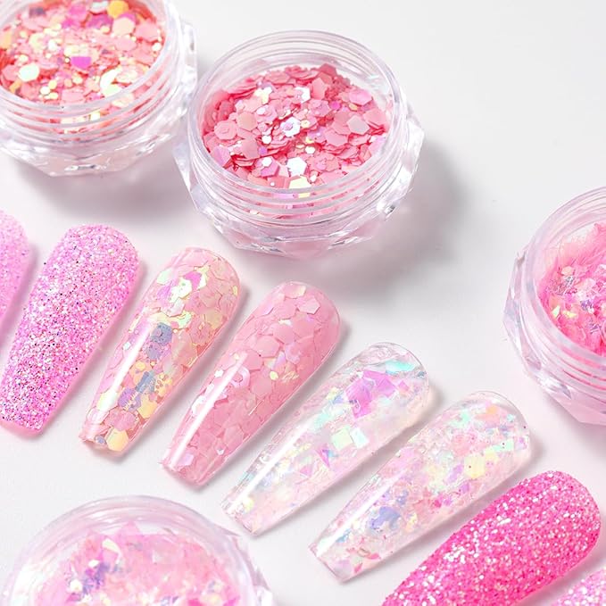 Pink Nail Glitter Powder, 12pcs Nail Art Sequins Dust Set, Holographic Paillette Sparkle Flakes for Acrylic Tips Manicure Decorations