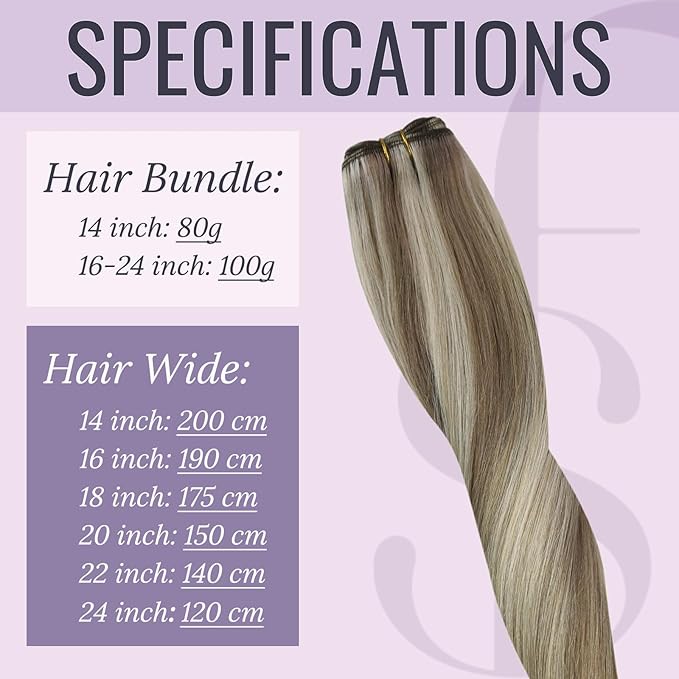 fshine Sew in Hair Extensions Real Human Highlight 20 Inch Ash Brown with Platinum Blonde Hand Tied Weft Straight Double Remy 100g