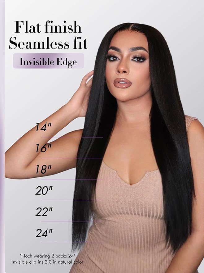 LUVME Invisible Clip in Hair Extensions, Yaki Straight Real Human Hair Remy Hair Clip ins for Women, Natural Human Hair, 16 inch 110g 6Pcs, Natural Black