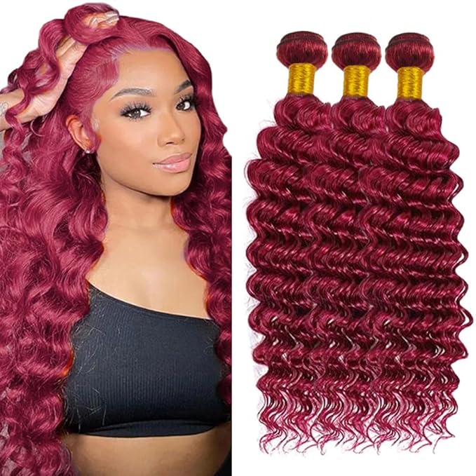 99J Bundles Human Hair Dark Burgundy Deep Wave 3 Bundles 18 20 22 Inch 150g 8A Brazilian Virgin Hair Double Weft Red Bundles Human Hair Extensions