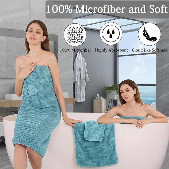 8 Piece Bath Towel Set-2 Oversized Bath Sheets(35"x70"),2 Hand Towels,4 Washcloths-Extra Large Microfiber Towel Sets,Less Lint Highly Absorbent & Quick Dry Bath Towels for Bathroom Gym Pool,Turquoise