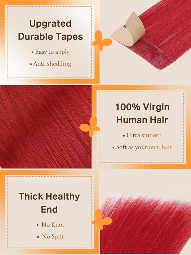 DOORES Red Tape in Hair Extensions - 18 Inch Remy Human Hair, 10pcs 25g