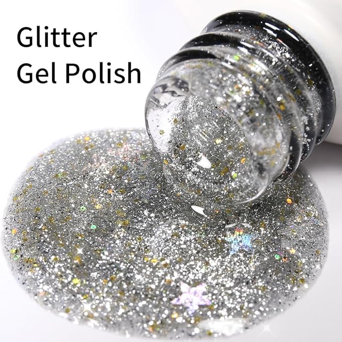 Silver Gel Polish Glitter Hema Free 0.34 OZ Same Color Same Top Cover Silver Reflective Sparkle UV Polish Christmas Manicure Art DIY