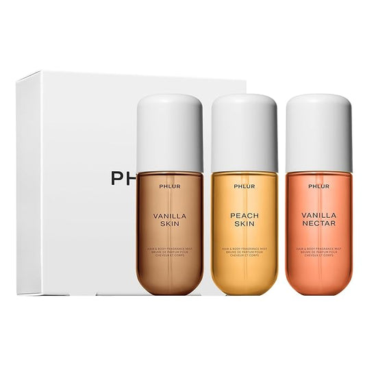 PHLUR Vanilla Peach Trio ($75 Value) - Exclusive 3pc Travel Size Body Mist Set ft. Vanilla Skin, Vanilla Nectar, Peach Skin (3 x 3 fl oz)
