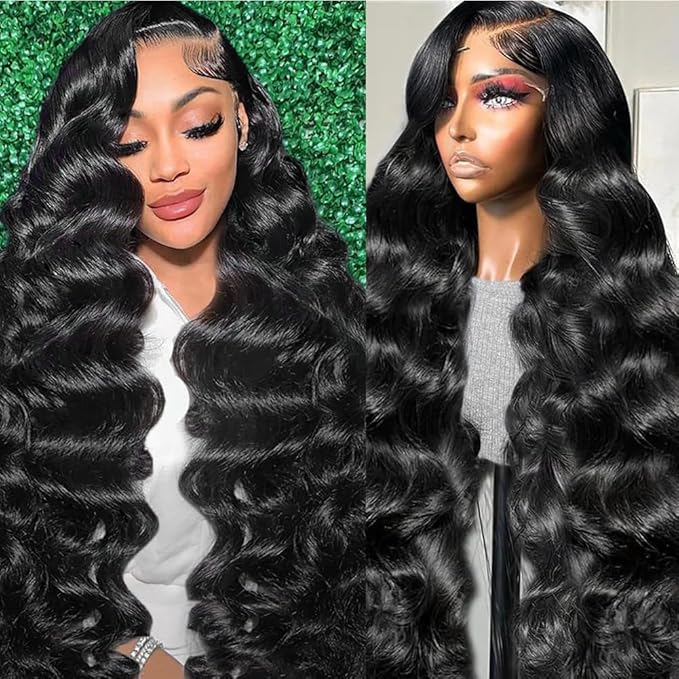 34 Inch Body Wave Lace Front Wigs Human Hair 200 Density 13x6 HD Lace Frontal Wigs Pre Plucked Glueless Brazilian Virgin Human Wig with Baby Hair Body Wave wigs for Women Natural Black