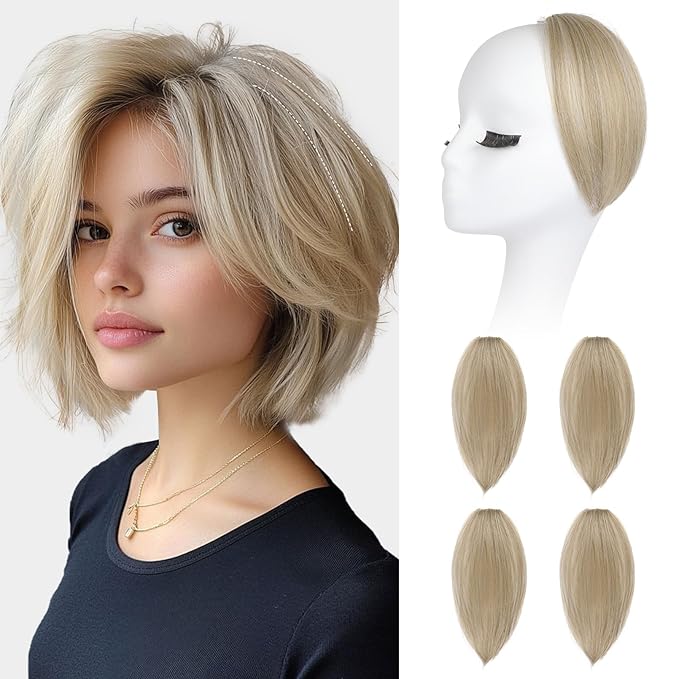 REECHO Clip in Hair Volumizer, Short Thick Clip in Hairpieces Adding Extra Hair Volume Extensions for Women with Thin Fine (Ash Blonde with Highlights, 8 Inch(Pack of 4))