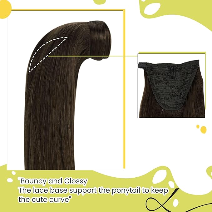 RUNATURE Human Hair Ponytail Extension Brown Straight Ponytail Hair Extensions Ponytail Extension Short Wrap Around Ponytail Human Hair Extensions Thick Pony Tails Hair Extensions 12 Inch 70g