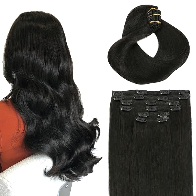 Clip in Hair Extensions Real Human Hair, 16 Inch 100g, #1B Natural Black,Remy Human 6Pcs With 18 Clips Hair Extensions Clip ins for Women, Natural Human Hair(#1B,16'')