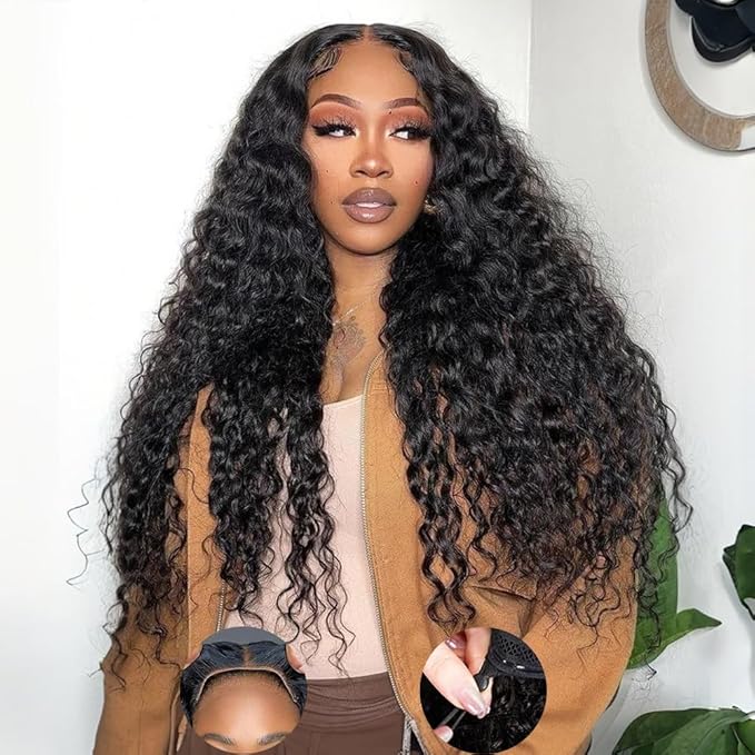 32 Inch 7x5 Wear and Go Glueless Wigs Human Hair Pre Plucked Pre Cut 200 Density Drawstring Deep Wave Lace Front Wigs Human Hair for Women Beginner Friendly Natural Hairline Curly Lace Front Wig
