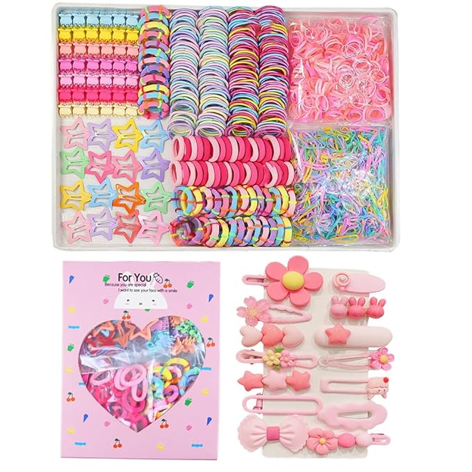 889 pcs Elastic Hair Ties for Girls Hair Accessories Ponytail Holders Colorful Rubber Bands Set with 14 pcs Cute Hair Clip