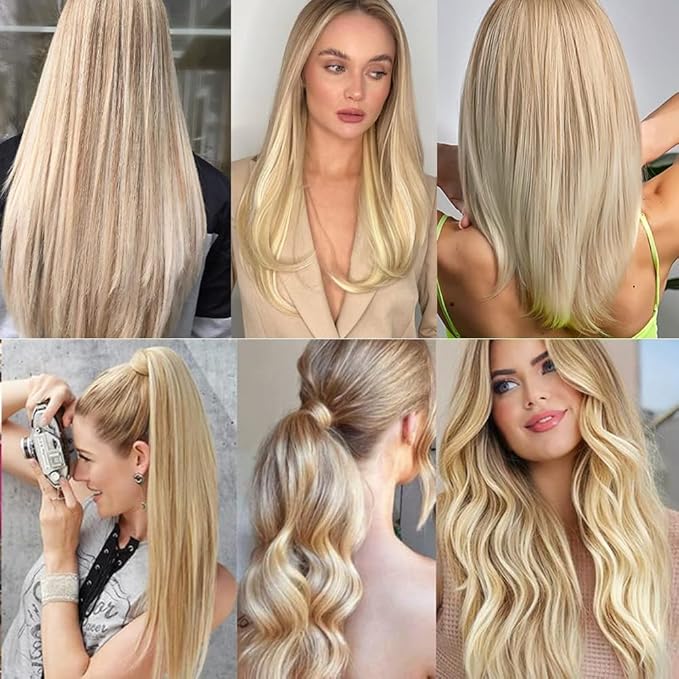 16 Inch P27/613 Blonde Clip in Hair Extensions - Real Remy Human Hair, 120g 7pcs, Highlight Blonde Human Hair Extensions Clip ins for Women