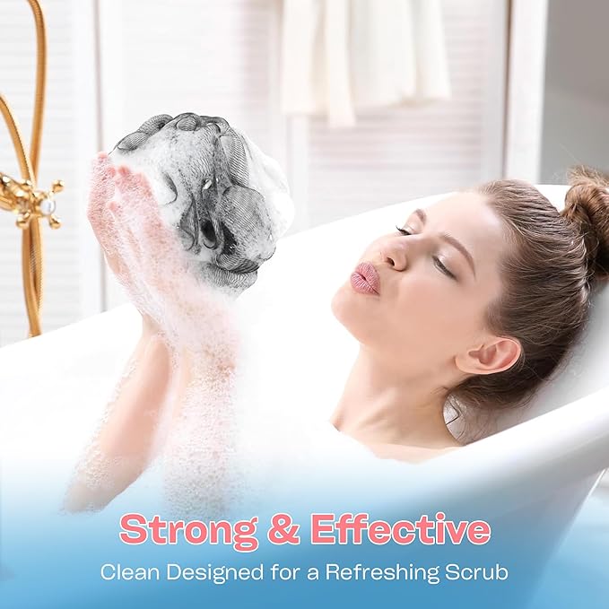 Bath Loofah Sponge Pack of 4-75g Black Color Mesh Shower Pouf for Women & Men, Loofah Exfoliating Body Scrubber & Bath Sponges – Gentle Shower scrunchies for Smooth Skin Care