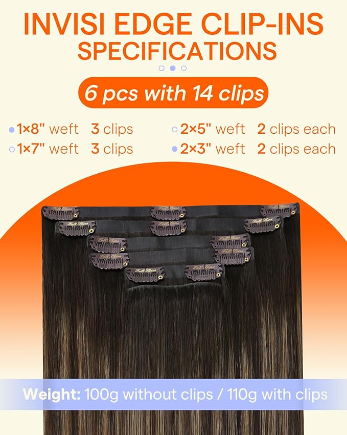Full Shine Injected Seamless Clip in Hair Extensions 16 Inch Dark Brown Ombre to Light Brown with Blonde Invisi Edge Clip in Hair Extensions Remy Hair 6PCS 120G
