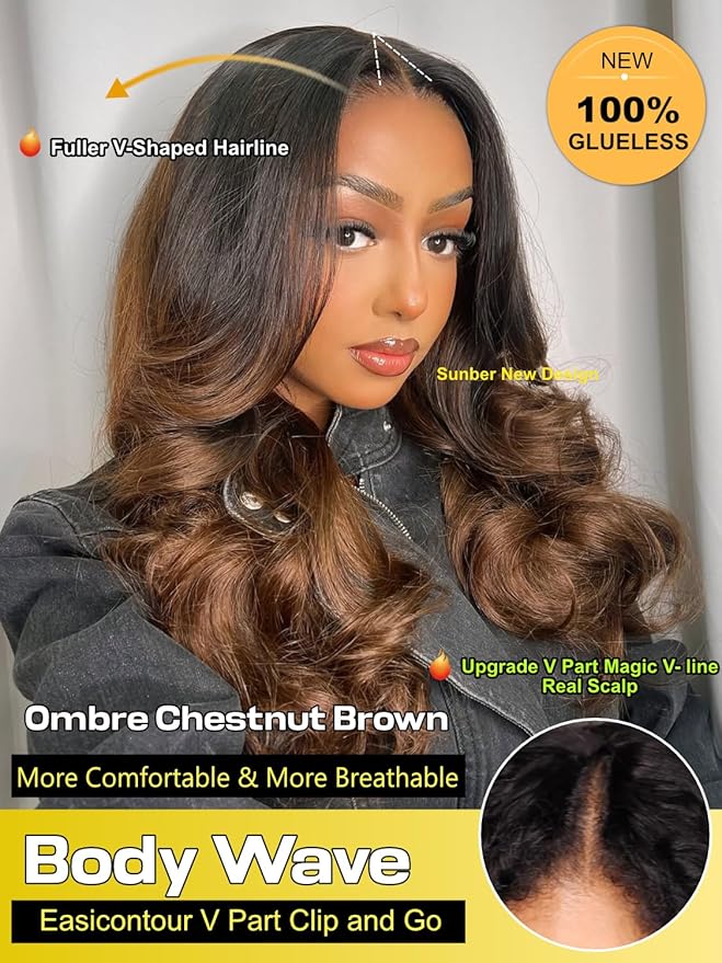 Sunber EasiContour V Part Human Hair Glueless Ombre Chestnut Brown Body Wave Wig Upgrade Vpart Wigs 180% Density No Leave Out No Gel V Shape Clip No Sew in Beginner Friendly Put On and Go 16Inch