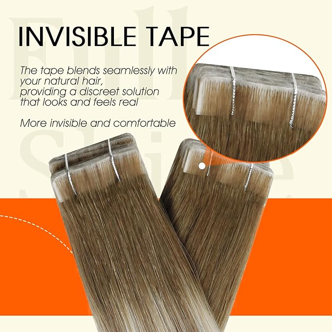 Full Shine Tape in Human Hair Extensions Color 3/8/22 Brown And Blonde Tape in Hair Extensions 20Inch Brazilian Double Sided Skin Weft Invisible Extension 50G 20Pcs Travel Friendly Styling