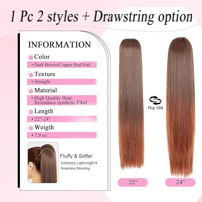 Ponytail Extension, 24" Long Straight Claw Clip Ponytail Extension clip on ponytails hair clip Hair claw clip Fake Ponytail Hairpieces for Women – Dark Brown with Copper Red End