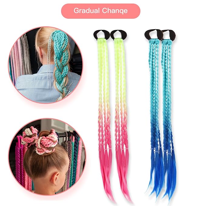 18 Inch Girls Rubber Bands Hair Extensions for Kids Crazy Hair Day Accessories Colorful Wigs Colored Braids for for Girls Women Hair with Rubber Bands Rainbow Braided Synthetic Ponytail for 12pcs