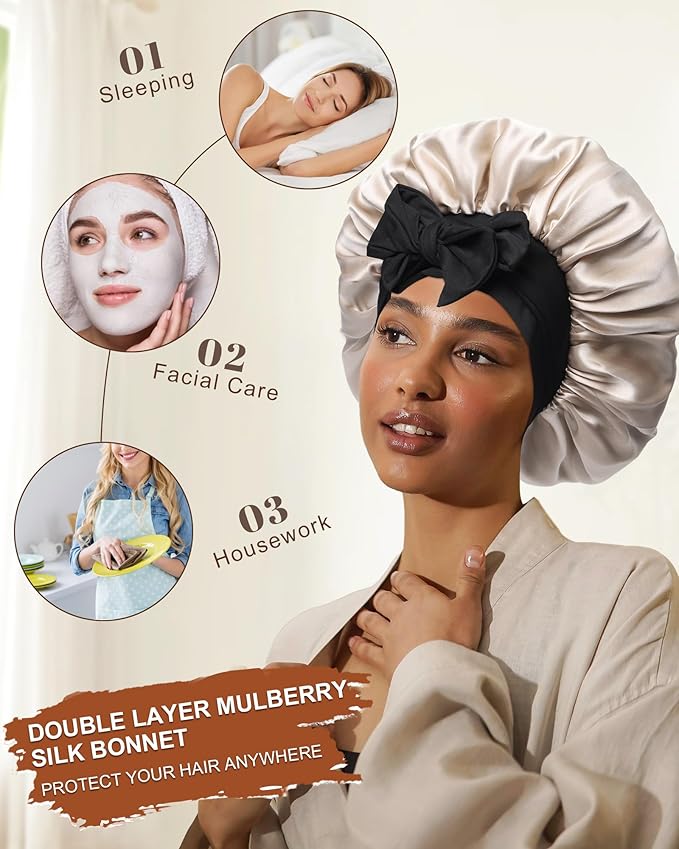 Mulberry Silk Bonnet Sleeping Women Curly Hair Bonnets Tie Band Double Layer Reversible Sleep Bonnet Silk Hair Wrap Sleep Cap