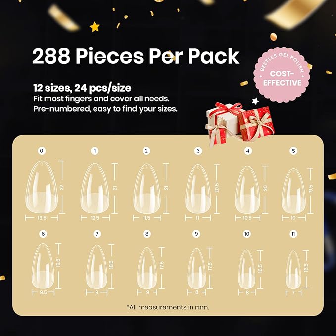 Beetles Soft Gel Nail Tips Short Almond 288pcs in 12 Sizes, Etch-X Pre-Etched Full Cover Acrylic Fake Nails Art, Salon Quality Nail Supplies, Easy DIY Nail Extension or Press On Nails, Gift for Women