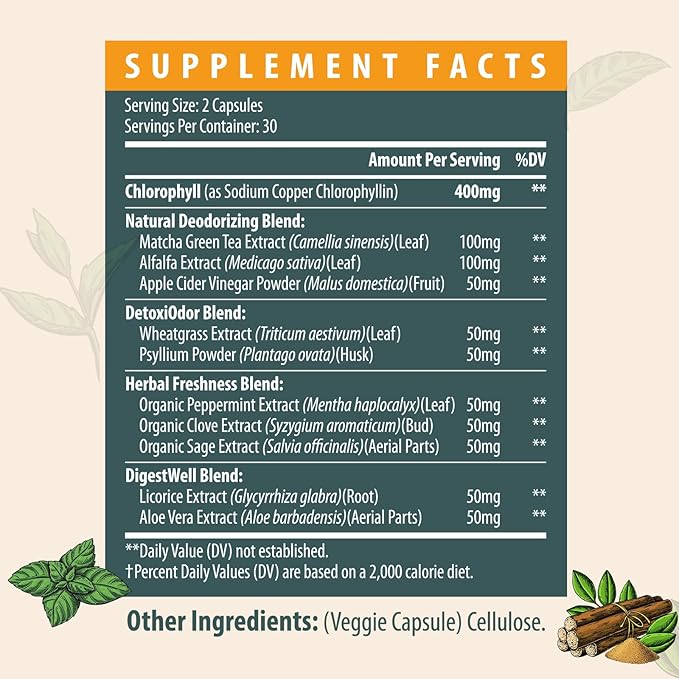 Women's Body Deodorizing Supplement – Chlorophyll Capsules for Body Odor, Fresh Breath & Gut Detox, for Social Confidence – Vegan with Matcha Green Tea, Apple Cider Vinegar