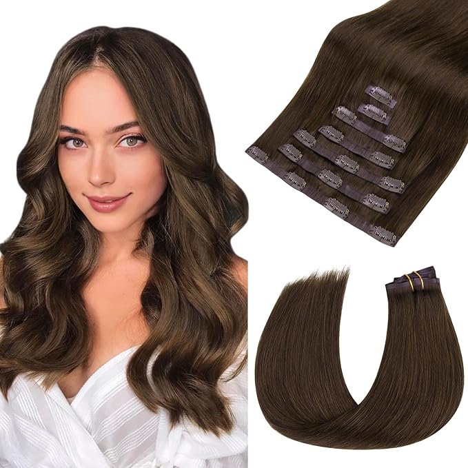 HOTBANANA Seamless Clip in Hair Extensions, 14 Inch 110g 7pcs Chocolate Brown Invisible PU Skin Weft Straight Remy Human Hair Extensions