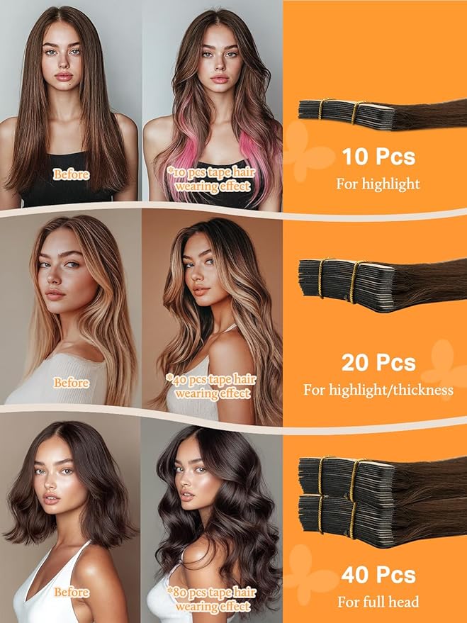 DOORES Tape in Human Hair Extensions, Chocolate Brown 26 Inch 10pcs 30g, Hair Extensions Tape in Straight Remy Hair Extensions Natural Hair Skin Weft Seamless Extensions