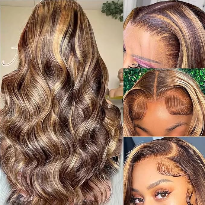 Tuneful 30 Inch Honey Blonde Ombre Lace Front Wig Human Hair 13x6 HD Lace Front Wig 4/27 Highlight Ombre Body Wave Lace Frontal Glueless Wigs Pre Plucked with Baby Hair
