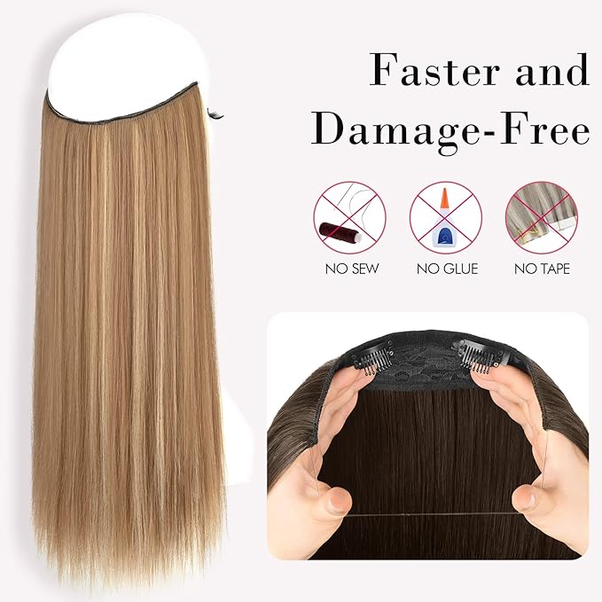 REECHO Invisible Wire Hair Extensions with Transparent Headband Adjustable Size Removable Secure Clips in Straight Secret Hairpiece for Women (20 Inch, Light Brown with Blonde Highlights)