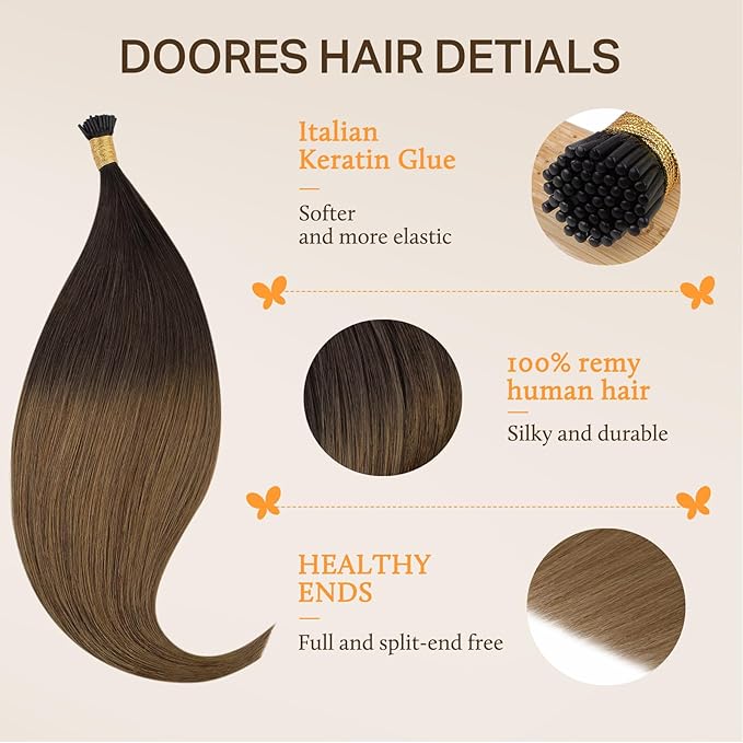 DOORES I Tip Hair Extensions Human Hair, Chocolate Dip Color Melt 50g/100s 14 Inch, Pre Bonded Virgin Hair Extensions For Women