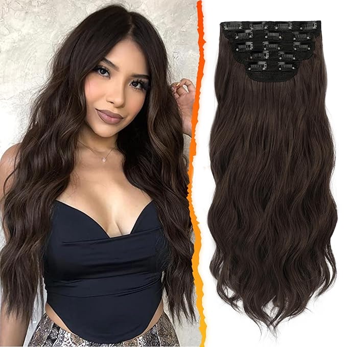 BARSDAR Wavy Clip in Hair Extensions - 5PCs 18 Inch Brown Hair Extensions Clip in for Women - Thick Soft Synthetic Clips in Hairpieces Daily Party Halloween - Dark Chocolate Brown