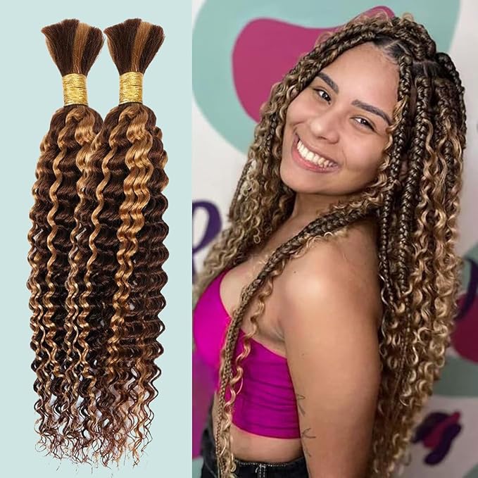 18 Inch Human Braiding Hair 100g Deep Wave Bulk Human Hair for Braiding Brazilian Virgin Human Hair Bundles Wet and Wavy Bundles No Weft Curly Human Hair Extensions for Boho Braids P4/27