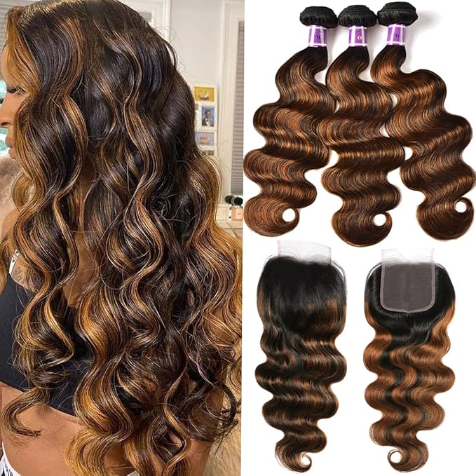 UNICE Brown Highlight Body Wave Human Hair 3 Bundles with 4x4 lace closure, Brazilian Remy Hair Ombre Human Hair Wavy Weaves FB30 Color 22 24 26+20 Closure