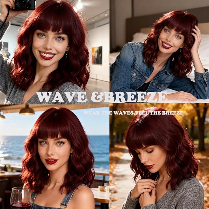 WAVE&BREEZE Red Wig with Bangs Short Curly Bob Wine Red Wigs for Women 14 Inch Shoulder Length Natural Looking Hair Replacement Wigs for Cosplay Party Use