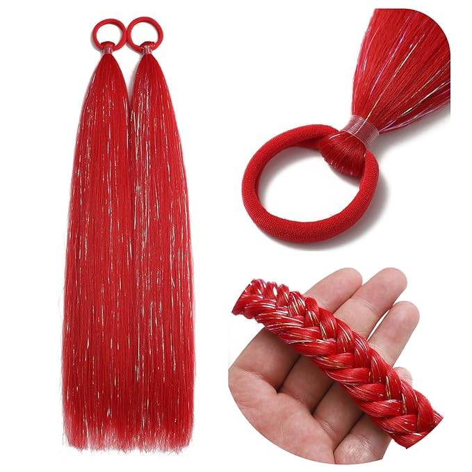 Colored Hair Extensions Red Ponytail Extension 2 Packs, 20 inch Crazy Hair Day Accessories for Women, DIY Festival Wacky Rave Braids,Tinsel Mixed