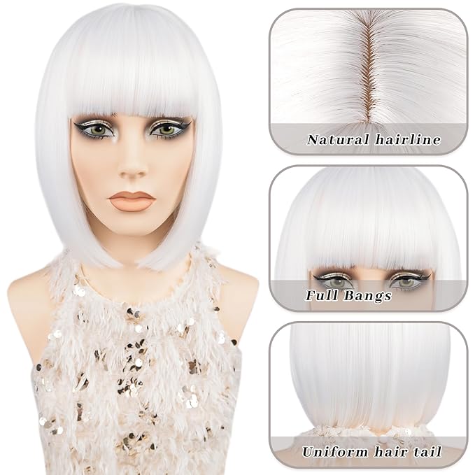 MAYSA White Bob Wig with Bangs Short Straight Bob Wigs 12in Synthetic Cosplay Daily Party Colorful Wigs for White Women # White