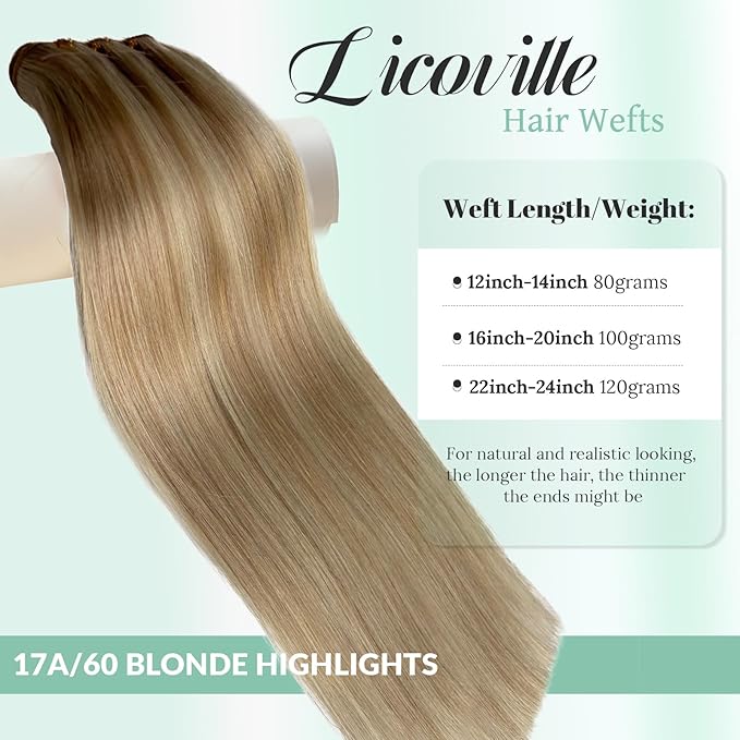 Sew in Hair Extensions Real Human Hair Blonde Highlight Silky Straight Real Hair Wefts 12 Inch 80G Ash Blonde and Platinum Highlights Hand Tied Weft Hair Extensions Remy Human Hair Bundles Sew in