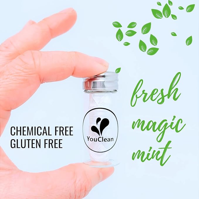 Natural Peppermint Essential Oil Infused Vegan Plant-Based Waxed Dental Floss 38 Yards/ 35 Meters in Refillable Glass Jar